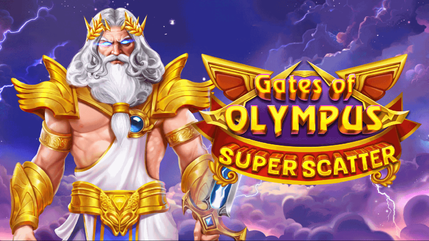 Zeus auf Wolken über dem Olymp, umgeben von goldenem Rahmen mit Edelstein-Symbolen: grüner Globus, violette Feder, blauer Diamant und Scatter-Symbol auf dem 6x5-Walzenfeld von Gates of Olympus Super Scatter
